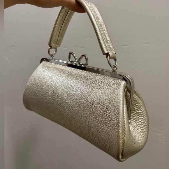 Gold Togo Cowhide Calfskin Handmade “Bow” Shaped Kisslock Baguette Bag/Crossbody - Picture 10 of 16